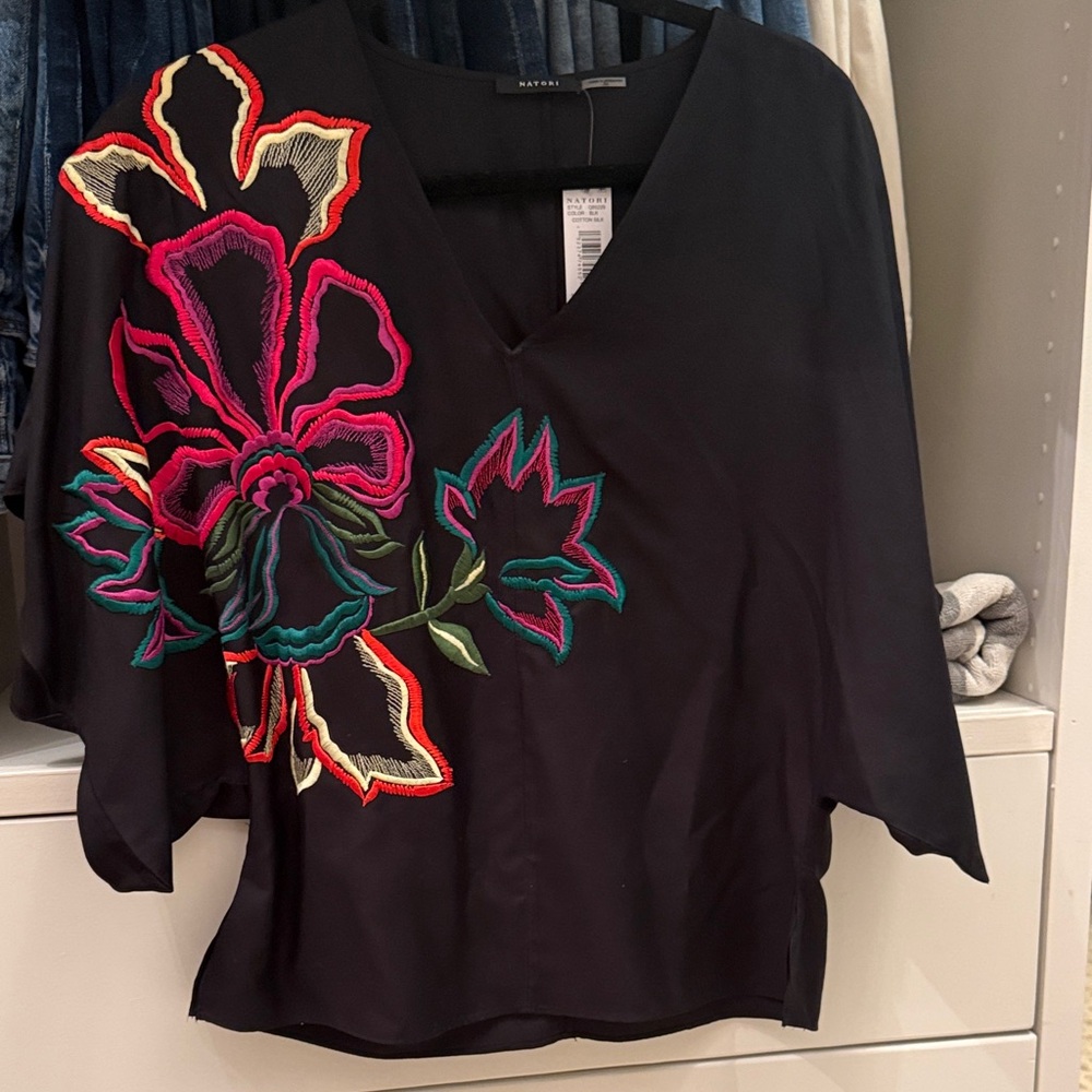 Natori Black Blouse with Colorful Floral Design